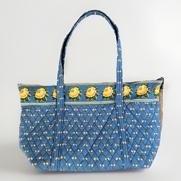 Vera Bradley Handbags - Vera Bradley Duffel Tote Bag Bees Yellow Roses Blue Vintage Retired